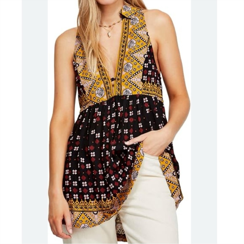 Free People NWT Black & Yellow Printed Boho Sleeveless Top Size Large 10/12 New